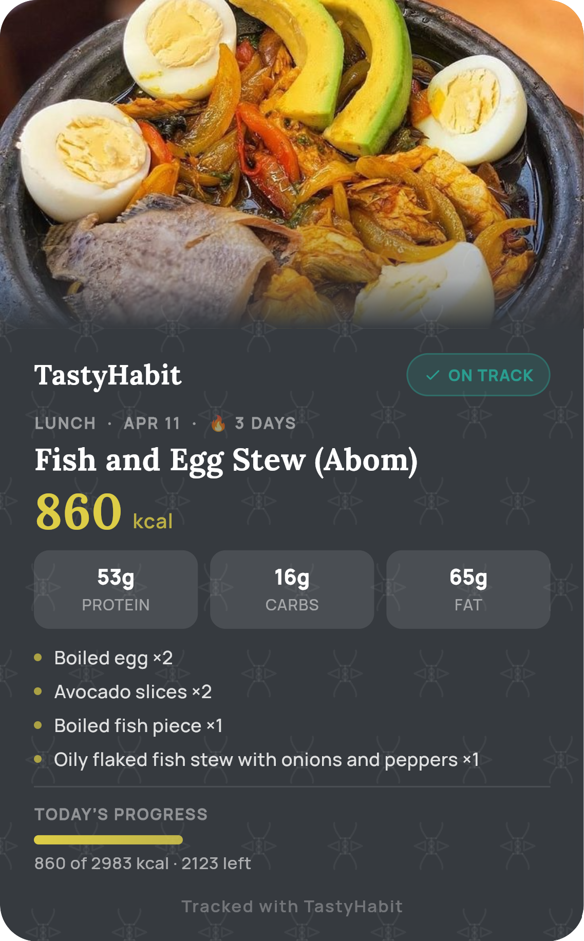 TastyHabit scan result for Fish and Egg Stew showing 860 kcal, 53g protein, 16g carbs, 65g fat